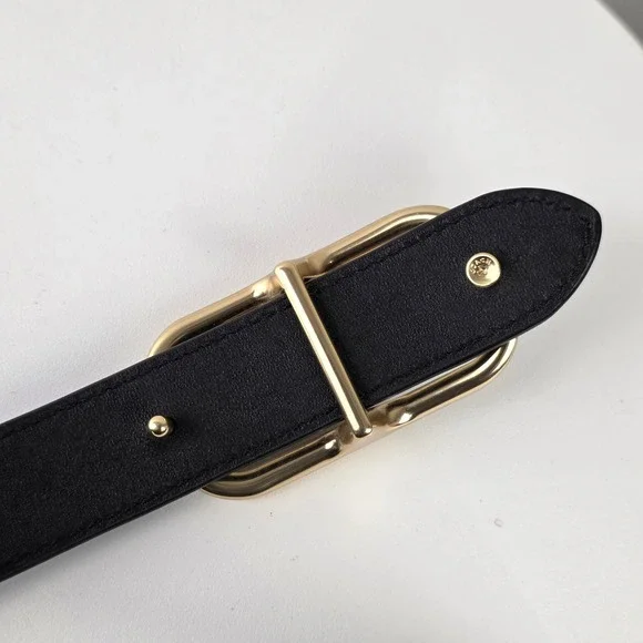 Coach Morgan Rectangle Black Leather Buckle Belt Medium M Gold Horse Carriage - Picture 3 of 7